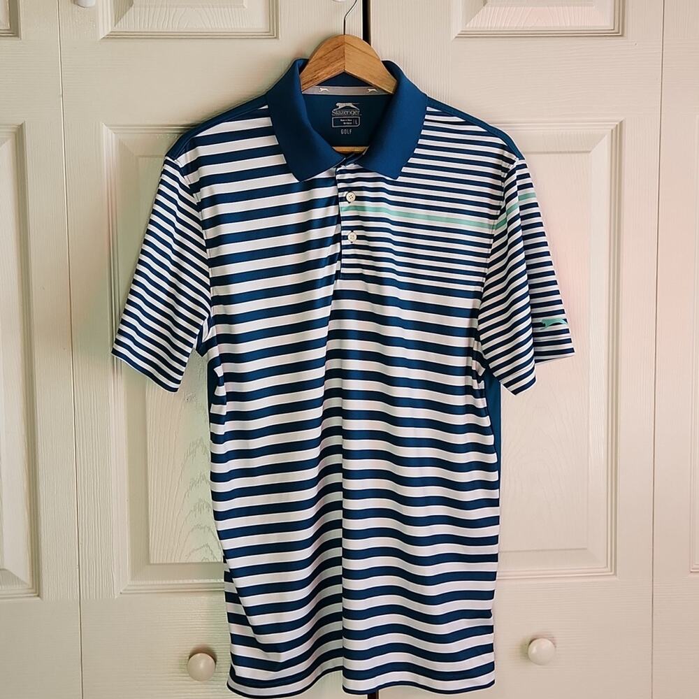 Slazenger Men's Blue & White‎ Striped Golf Polo Size LG Athleisure Sporty Casual